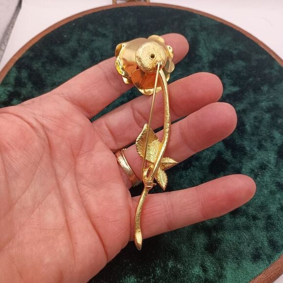 Vintage MCM Estate Long Stemmed Gold Tone Rose Pearl Brooch Pin - Picture 4 of 4